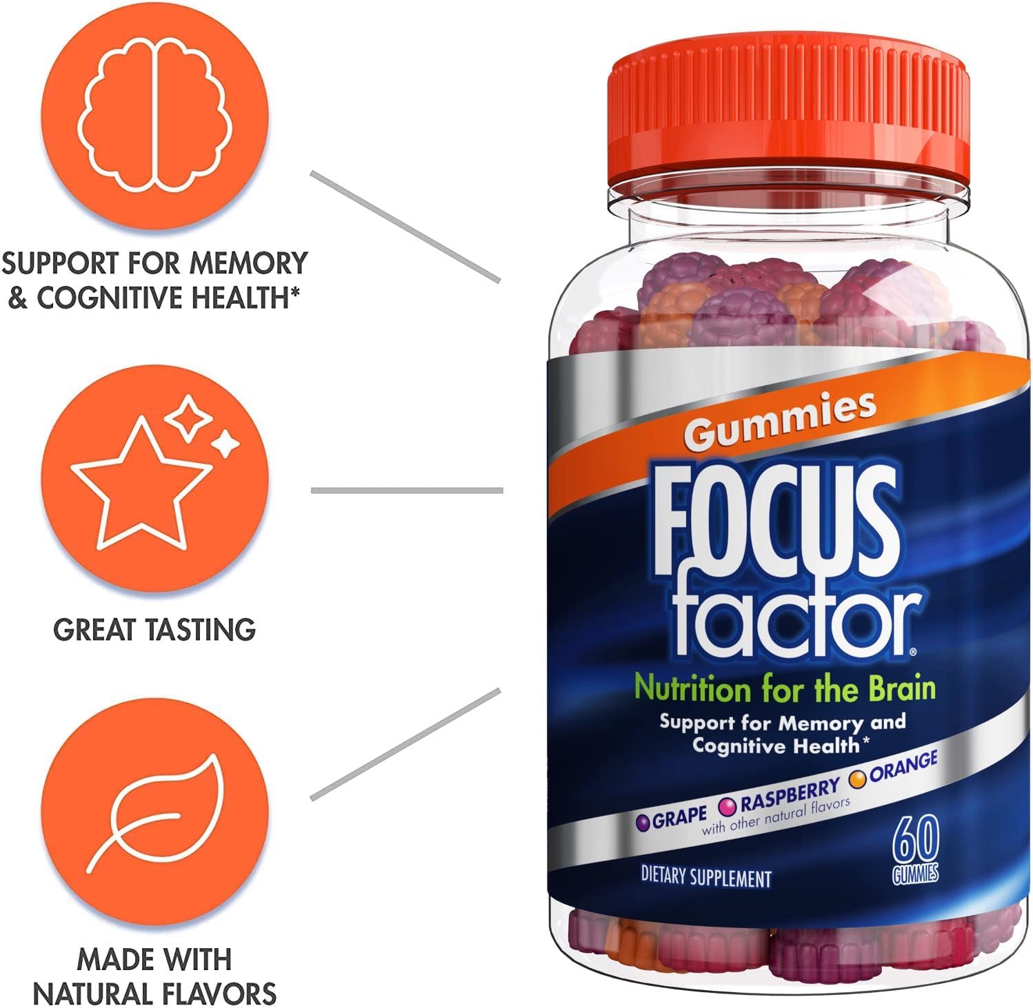 Focus Factor Nootropic Gummies, Memory Supplement for Brain, Phosphati