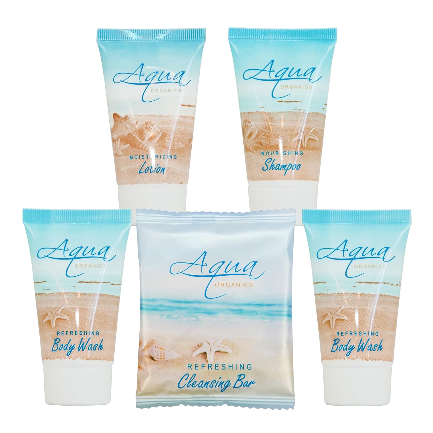 Aqua Organics Hotel Soaps and Toiletries Bulk Set | 1-Shoppe All-In-Kit Amenities for Hotels & Airbnb | 1 Hotel Shampoo & Conditioner, Body Wash, Body Lotion & 1 Bar Soap Travel Size | 75 Pieces