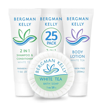 BERGMAN KELLY Round Soap Bars, 2in1 Shampoo & Conditioner, and Travel Size Lotion 3-Piece Set (White Tea, 1  ea, 75 pc), Delight Your Guests with Revitalizing & Refreshing Sanitary Toiletries Hotel Amenities