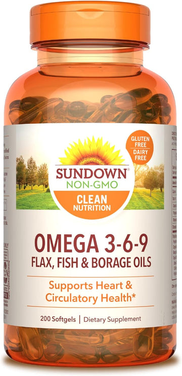 Sundown Omega 3 6 9, with Flax, Fish and Borage Oils, Supports Heart and Circulatory Health, 200 Softgels (Packaging May