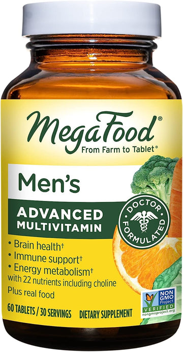MegaFood Men's Advanced Multivitamin - Doctor-Formulated Multivitamin for Men with Choline, B12, D, C, and Zinc - Brain Health, Immune Support & Energy Metabolism - Vegetarian - 60 Tabs (30 Servings)