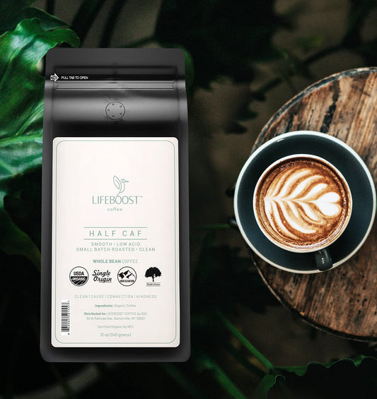 Lifeboost Coffee Whole Bean Half Caff Coffee - Low Acid Single Origin USDA Organic Coffee - Non-GMO Coffee Beans Third Party Tested For Mycotoxins & Pesticides