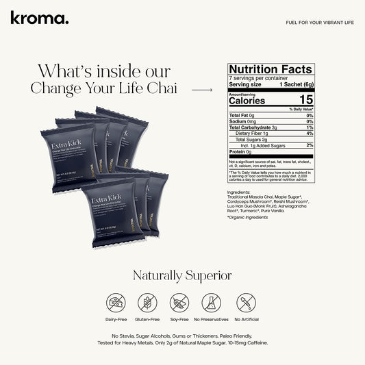 Kroma Change Your Life Chai Latte, Mushroom Blend + Masala Chai Tea Mix, Immune Support & Light Caffeine Boost, Made with Reishi & Cordyceps Mushrooms, Turmeric, Ashwagandha & More - 7 Packets