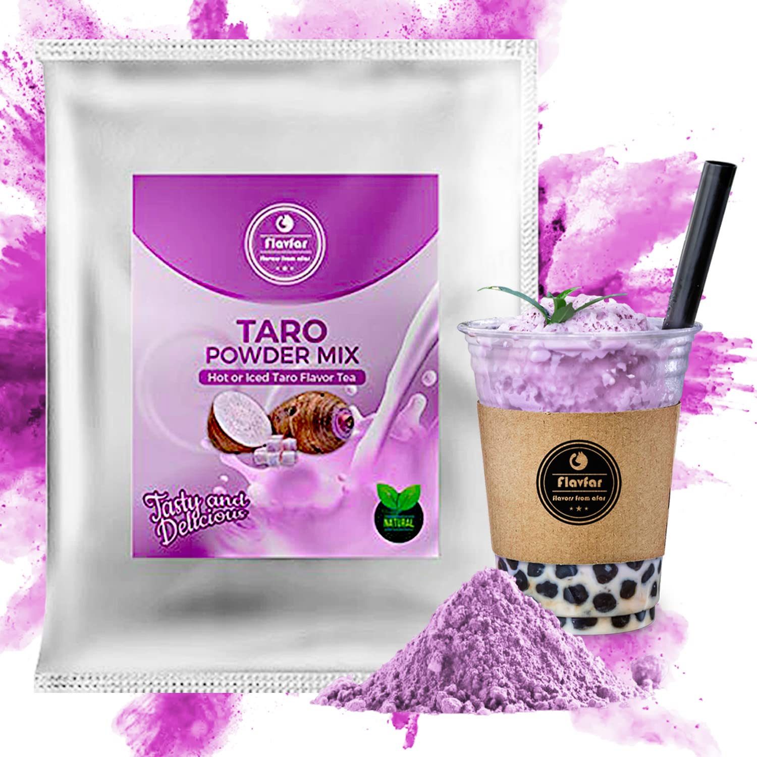 Flavfar Taro Bubble Tea Powder - Instant Taro Powder for Bubble Tea or Smoothie Mix - Iced, Hot, or Blended Drink Powder - Less Sugar