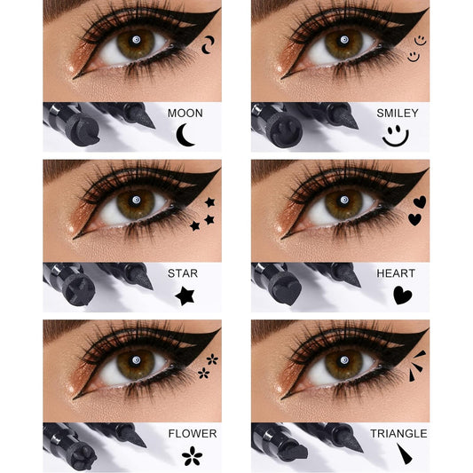 Ownest 6 Pcs Liquid Eyeliner Set,Double-Side Eyeliner Stamp Pen Eyeliner Tattoo Tool Waterproof Smudge-proof Eyeliner Stamp Makeup-Smiley, Triangle,Heart,Star,Moon,ower