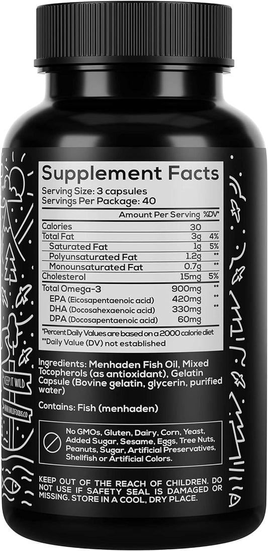 Wild Fish Oil Omega 3 Supplement | DPA, DHA & EPA Wild Menhaden Caught U.S. Processed | Non-GMO & Gluten Free Health Sup