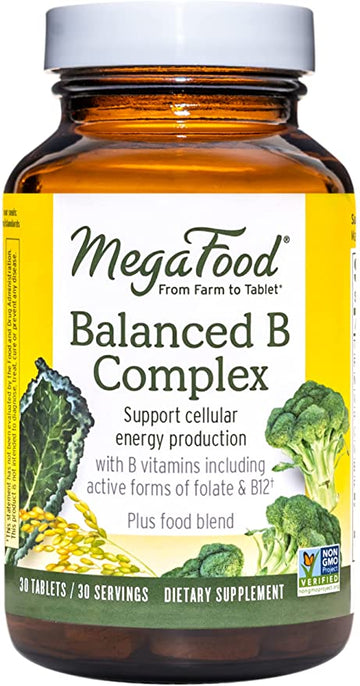 MegaFood Balanced B Complex - Supports Cellular Energy with Vitamins B1, B2, B3, B5, B6, B7, B9, B12 - Gluten-Free and Made without Dairy - Vegan - 30 Tabs
