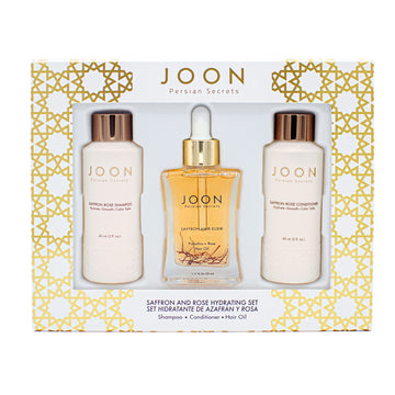 Joon Moisturizing Travel Size Gift Set | Saffron Hair Elixir (1.11  ), Saffron Rose Shampoo (2  ) and Conditioner (2  )