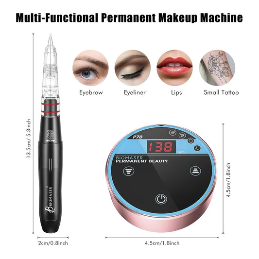 P70 Permanent Makeup Machine kit-BIOMASER Permanent Makeup Microblading Tattoo Machines with Swiss Motor Rotary Pen Mini Power Supply Cartridge needles for Eyebrow Eyeliner Lip MTS