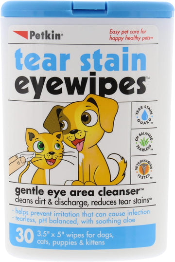 Petkin Pet Eye Wipes, 30 Moist Wipes - Gentle Eye Cleaning Wipes Remove Dirt, Discharge, & Tear Stains - Super Convenien