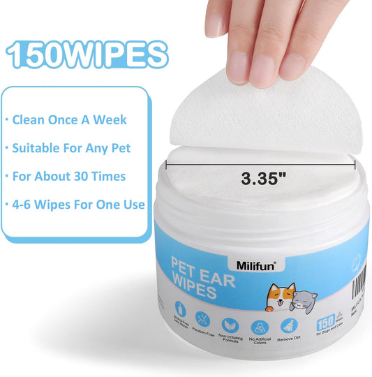 Pet Ear Wipes, Pet Cleaning Wipes for Dogs, Pet Wipes for Cats 150 Count, Pet Tear Stain Remover Wipes, Pet Ear and Eye