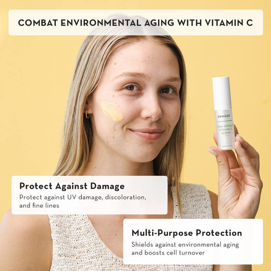 Sonage High Impact Vitamin C Serum | Brightening and Anti Aging Serum with Pure Vitamin C, Hyaluronic Acid, Vitamin E | Reduces Appearance of Dark Spots Fine Lines, Wrinkles