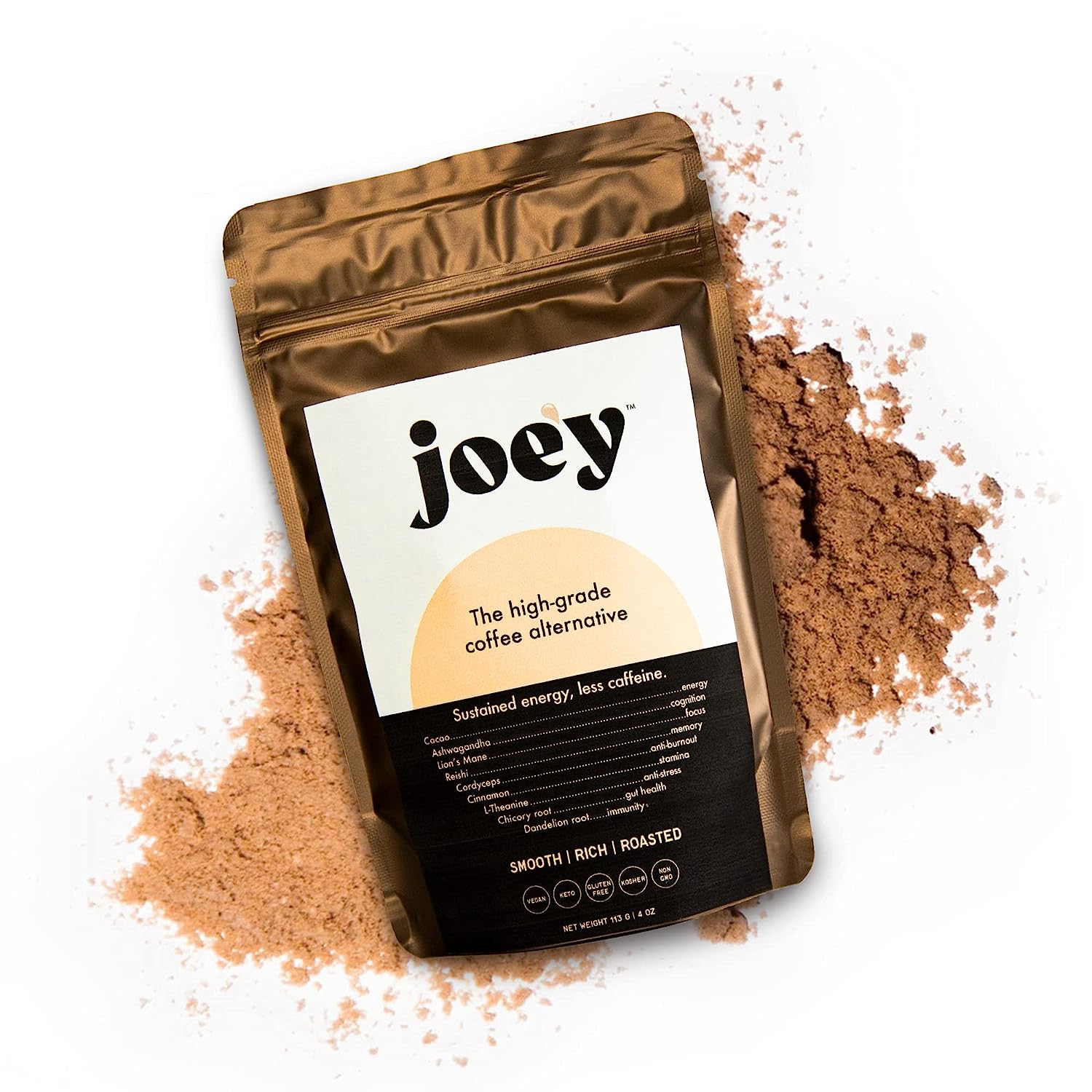Joe’y - High-Grade Coffee Alternative, Cacao with Mushroom Coffee Substitute, Gluten-Free Coffee Substitute with Adaptogens, Superfood Mushroom Coffee Alternative, Medium Roast, 18 Servings