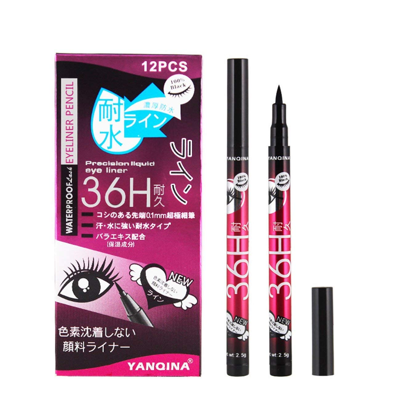 Gnker Eyeliner Waterproof Professional Liquid Long Lasting Cosmetics Eye Liner Pen Black 12 pcs