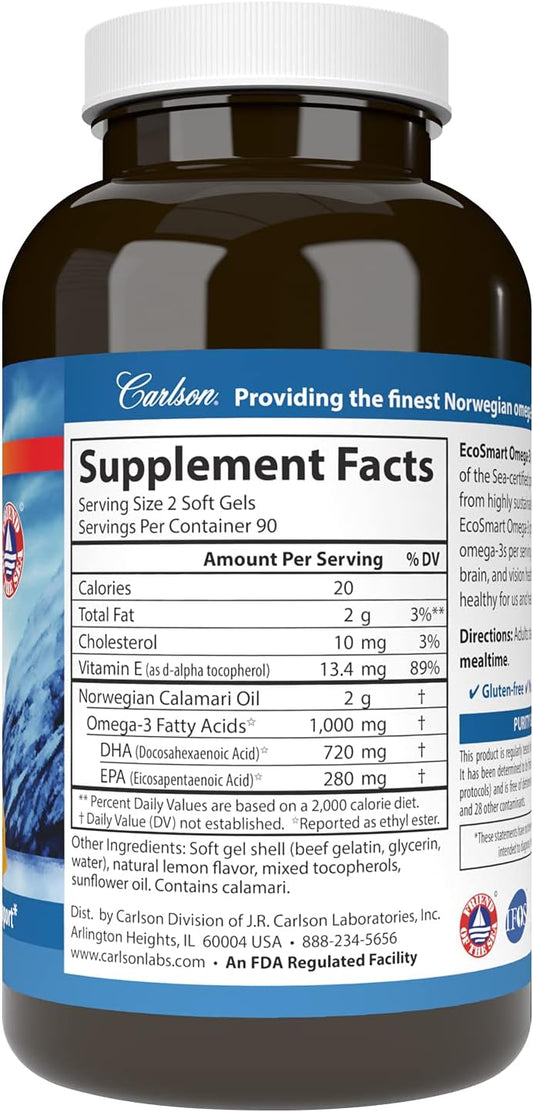 Carlson - EcoSmart Omega-3, 1000 mg Omega-3s, Sustainable Source, Heart Health, Brain Function & Vision Support, Lemon,