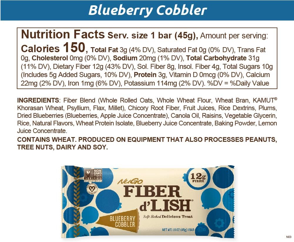 NuGo Fiber d'Lish Blueberry Cobbler, 12g High Fiber, Vegan, 150 Calori