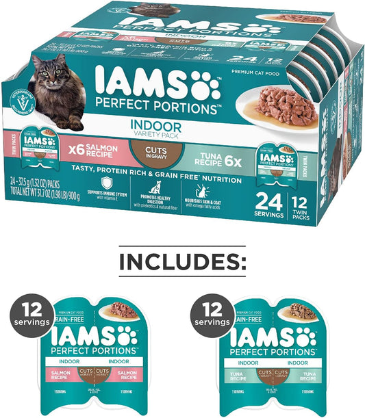 IAMS PERFECT PORTIONS Indoor Adult Grain Free Wet Cat Food Cuts in Gravy Variety Pack, Tuna Recipe and Salmon Recipe, (1