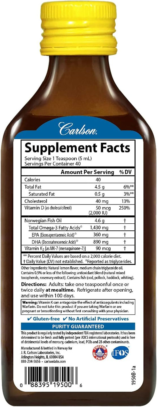 Carlson - Omega-3 + D & K, 1430 mg omega-3s, 2000 IU (50 mcg) D3, 90 mcg K2 as MK-7, Heart Health, Bone Support, Lemon, 200 mL
