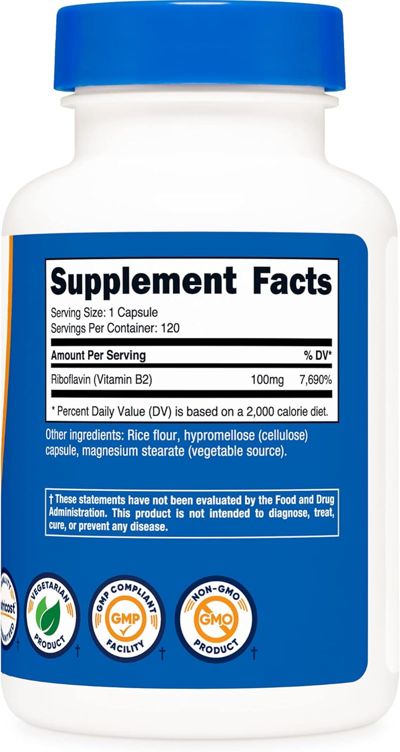 Nutricost Vitamin B2 (Riboflavin) 100mg, 120 Capsules - Gluten Free an