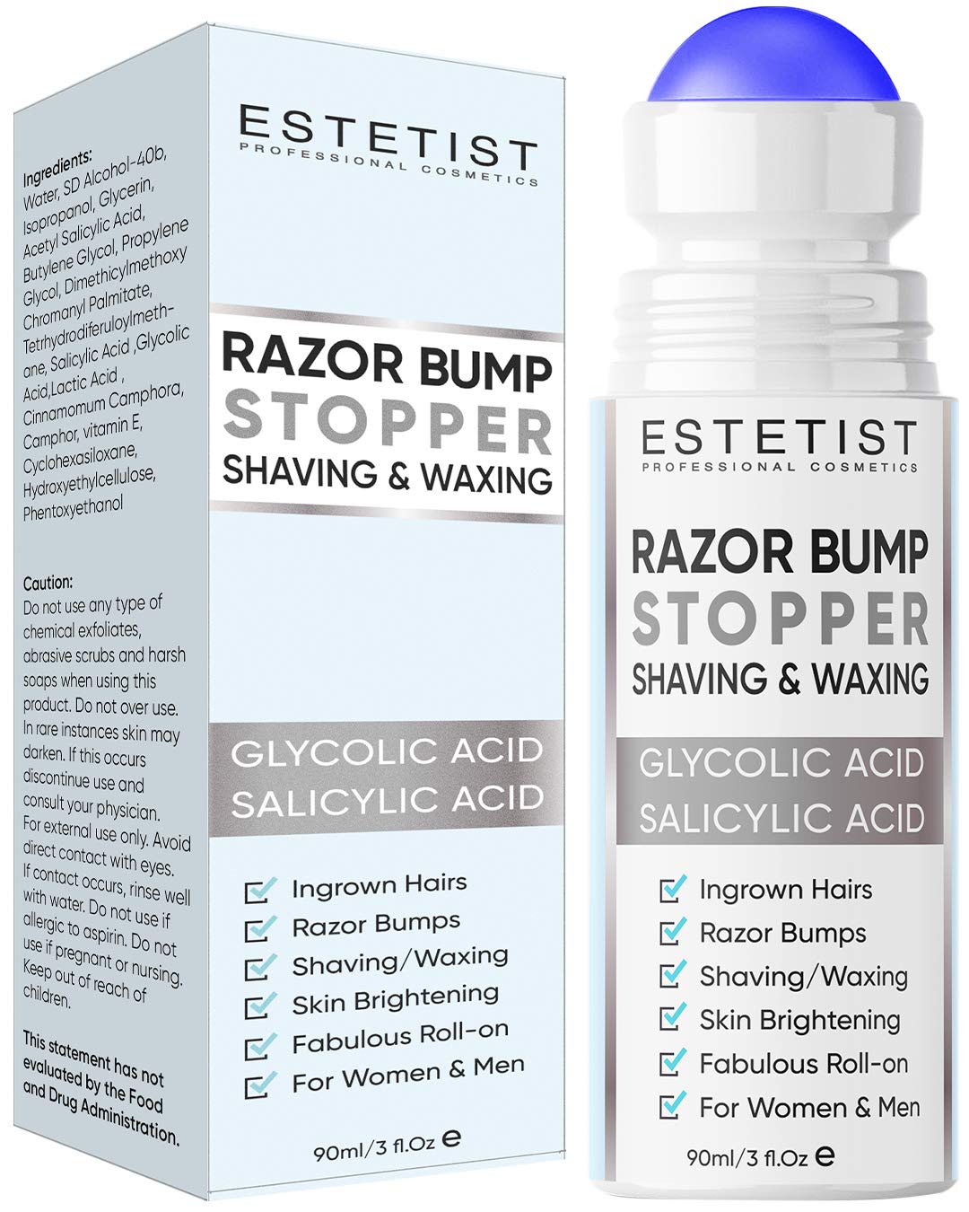 Razor Bump Stopper Solution for Ingrown Hair Skin Care Treatment for Face, Neck, Bikini Area, Legs and Underarm Area After Shave Serum Roll-On for Men and Women With Salicylic Acid, Glycolic Acid