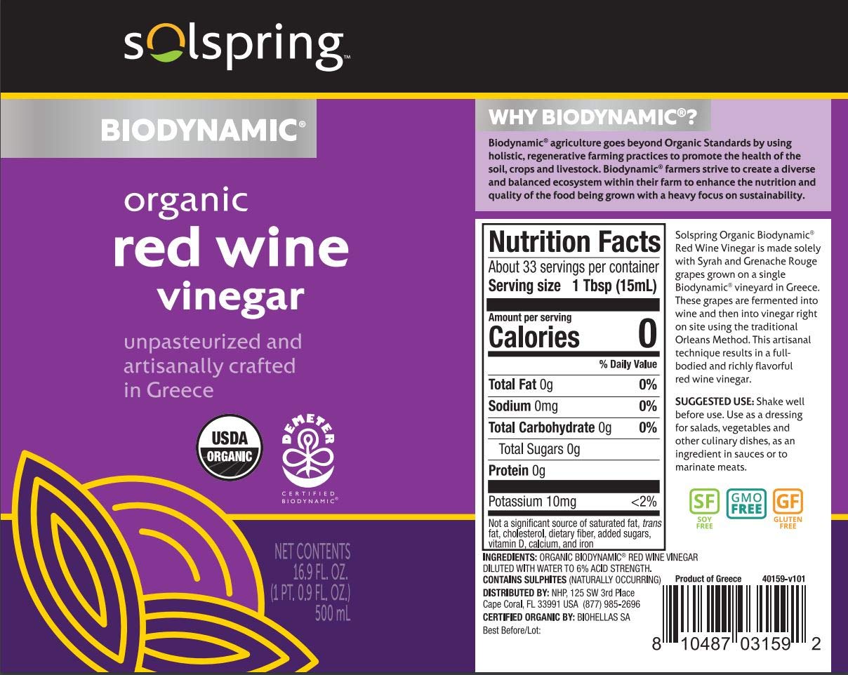 Solspring Biodynamic Red Wine Vinegar, 16.9 Fl. Oz. (500 mL), Unpasteu