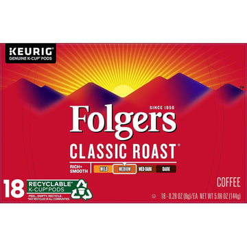 Folgers Classic Roast, Medium Roast Coffee K Cup Pods for Keurig K Cup Brewers, 18 Count