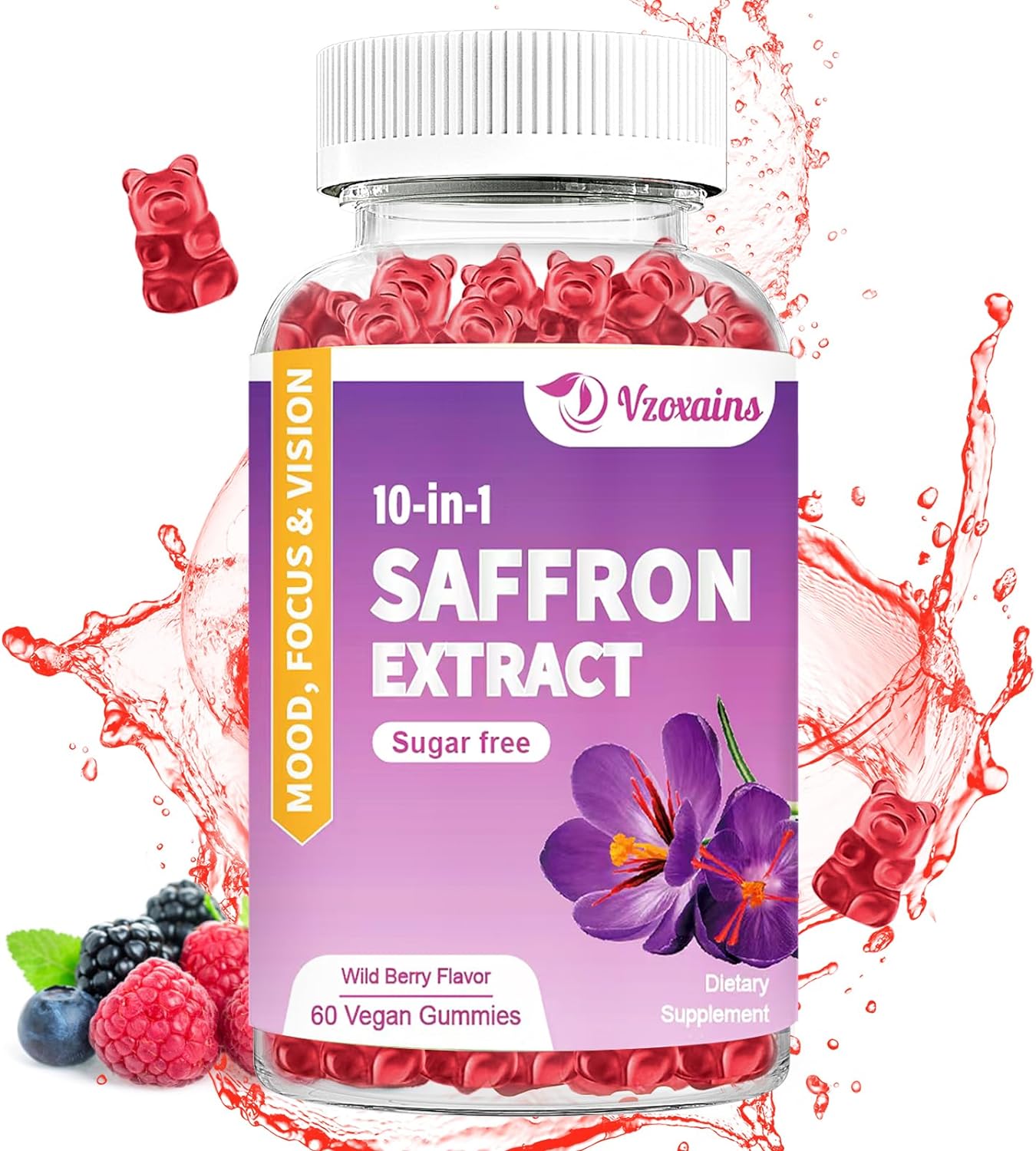 Vzoxains Saffron Supplement Gummies, Sugar Free Saffron Supplement With Magnesium Glycinate & Vitamin D, Eye Vision, Foc