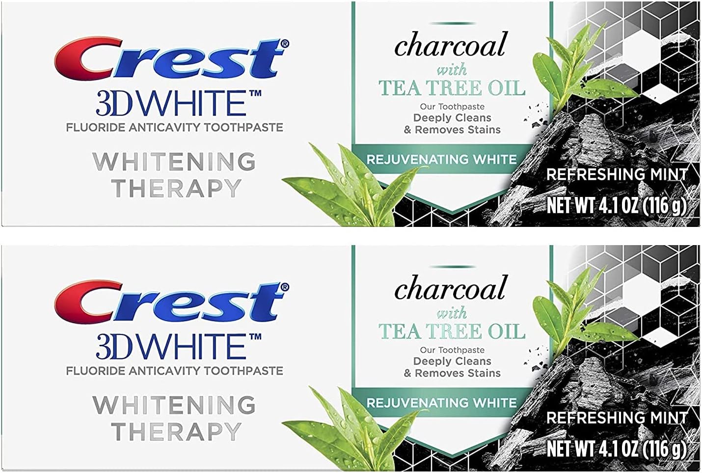 Crest 3D White Whitening Therapy Toothpaste, Charcoal with Tea Tree Oil, Refreshing Mint, 4.1  (116g) - 2 Tubes