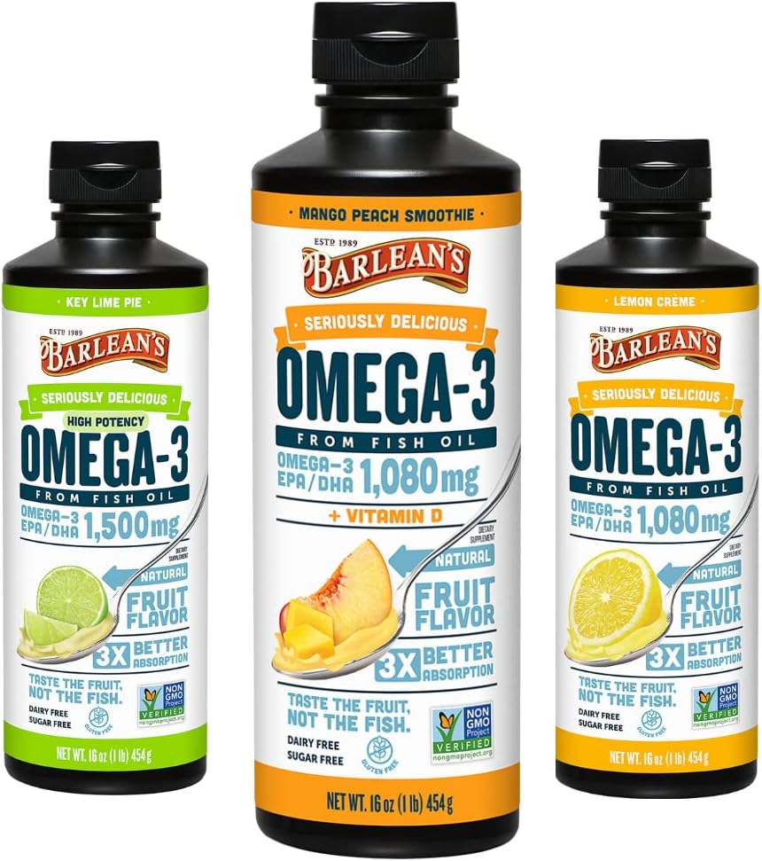 Barlean's Seriously Delicious Fish Oil Smoothie Powerhouse Trio Bundle - Lemon Creme, Mango Peach & Key Lime Pie