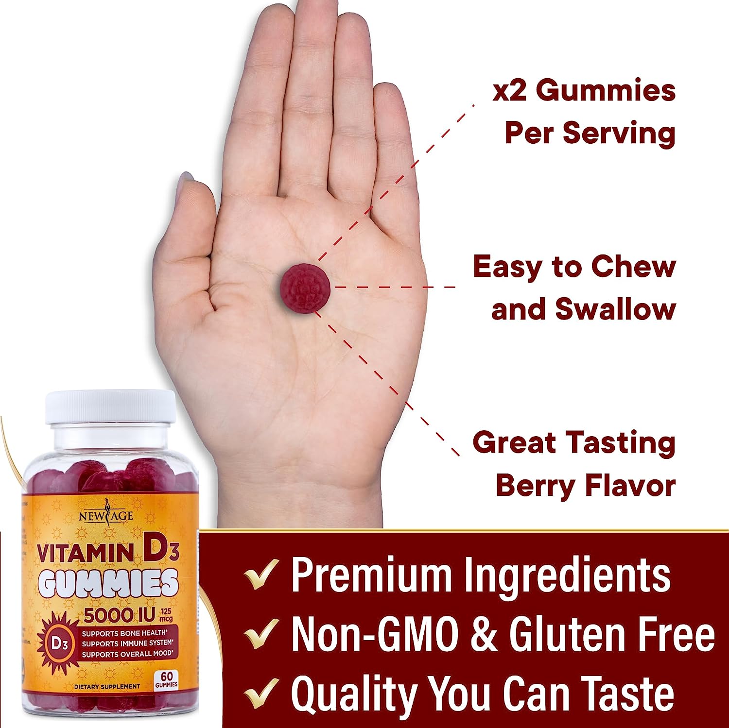 NEW AGE Vitamin D3 5000 IU 125mcg Gummies - Support Immune Support, St