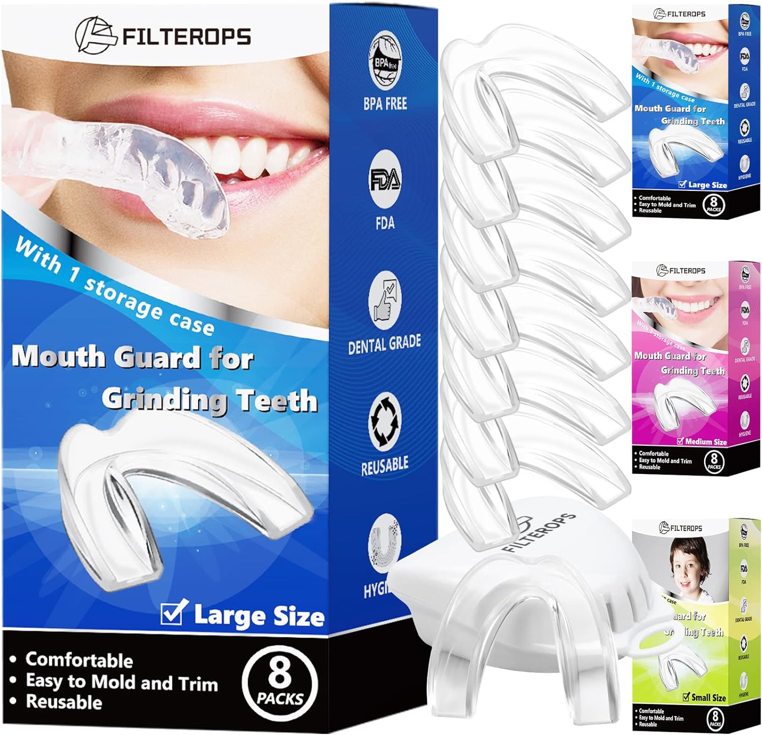 Filterops Mouth Guard for Clenching Teeth at Night- 8 PCS Large Size -Moldable Night Guards for Grinding Teeth, Bruxism, Sport Athletic, Whitening Tray for Adults&Men