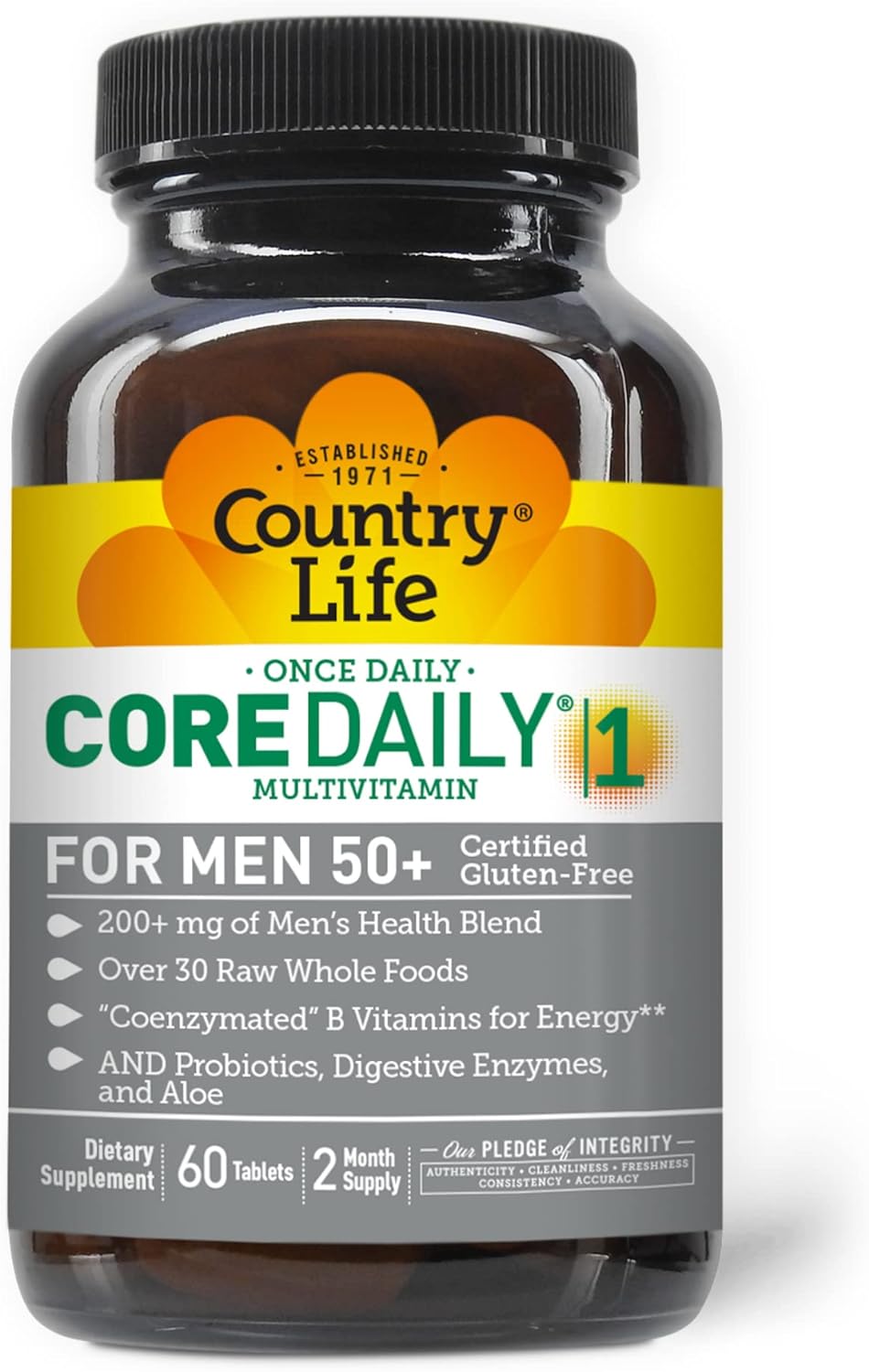 Country Life Core Daily-1 Multivitamin For Men 50+ - Gluten-Free, Energy Support With Coenzymated B Vitamins, Probiotics, Whole Food And Digestive Enzymes, Certified Gluten Free, 60 Tablets