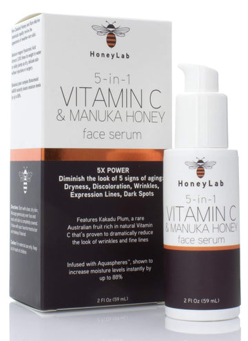 HoneyLab Vitamin C Face Serum with Hyaluronic Acid, Manuka Honey and peptides. Anti-aging serum contains Marine extracts that soften the look of dark spots, wrinkles and fine lines. 2 bottle