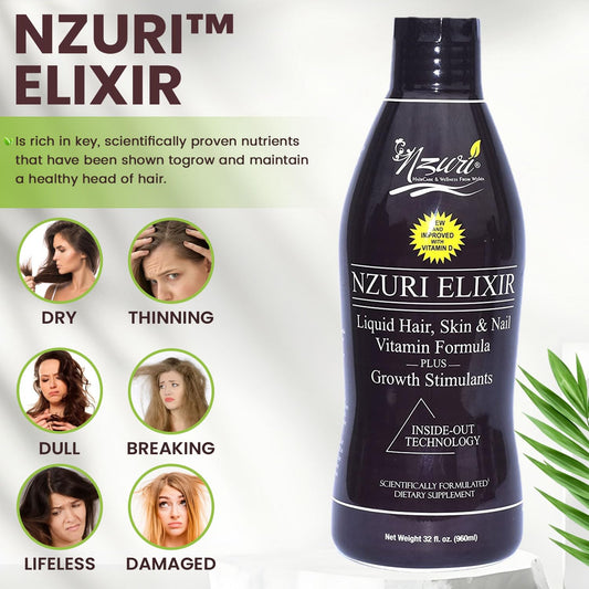 Nzuri Elixir Hair Skin and Nails Vitamins for Women and Men with Biotin, Folate, and Vitamin D for Daily Growth Supplement to Reducing Dryness, Thinning, and Loss, 32 oz