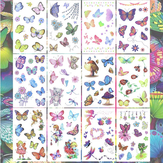 Ooopsiun Glitter Buttery Temporary Tattoos for Girls -12 Sheets Buttery Party Favors Decorations for Kids Women