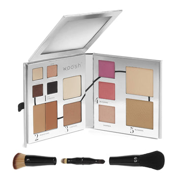 Woosh Beauty, Fold Out Face Palette w/Secret Brush, Travel All in One Neutral Cream & Powder Kit, 4 in 1 Nested Makeup Brush (#3 Medium)