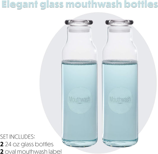 2 Mouthwash Bottles Glass Dispenser Containers with Mouth Wash Labels 24