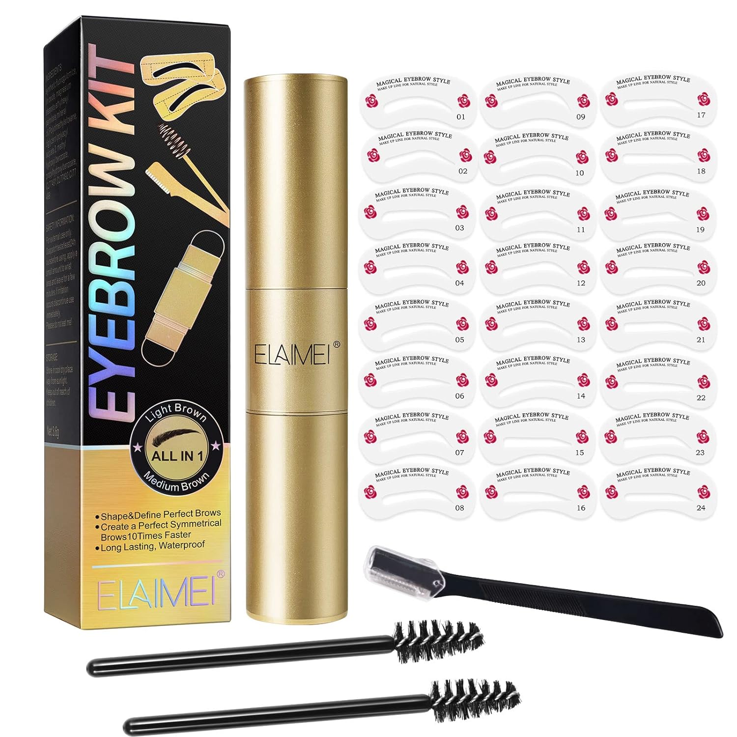 Eyebrow Stamp Stencil Kit - Upgrade Dual-tone Brow Stamp, Long Lasting Waterproof Perfect Eyebrow Kit, With 24 Reusable Stencils and 2 Small Brow Brushes & 1 Brow Knife (light brown+medium brown)