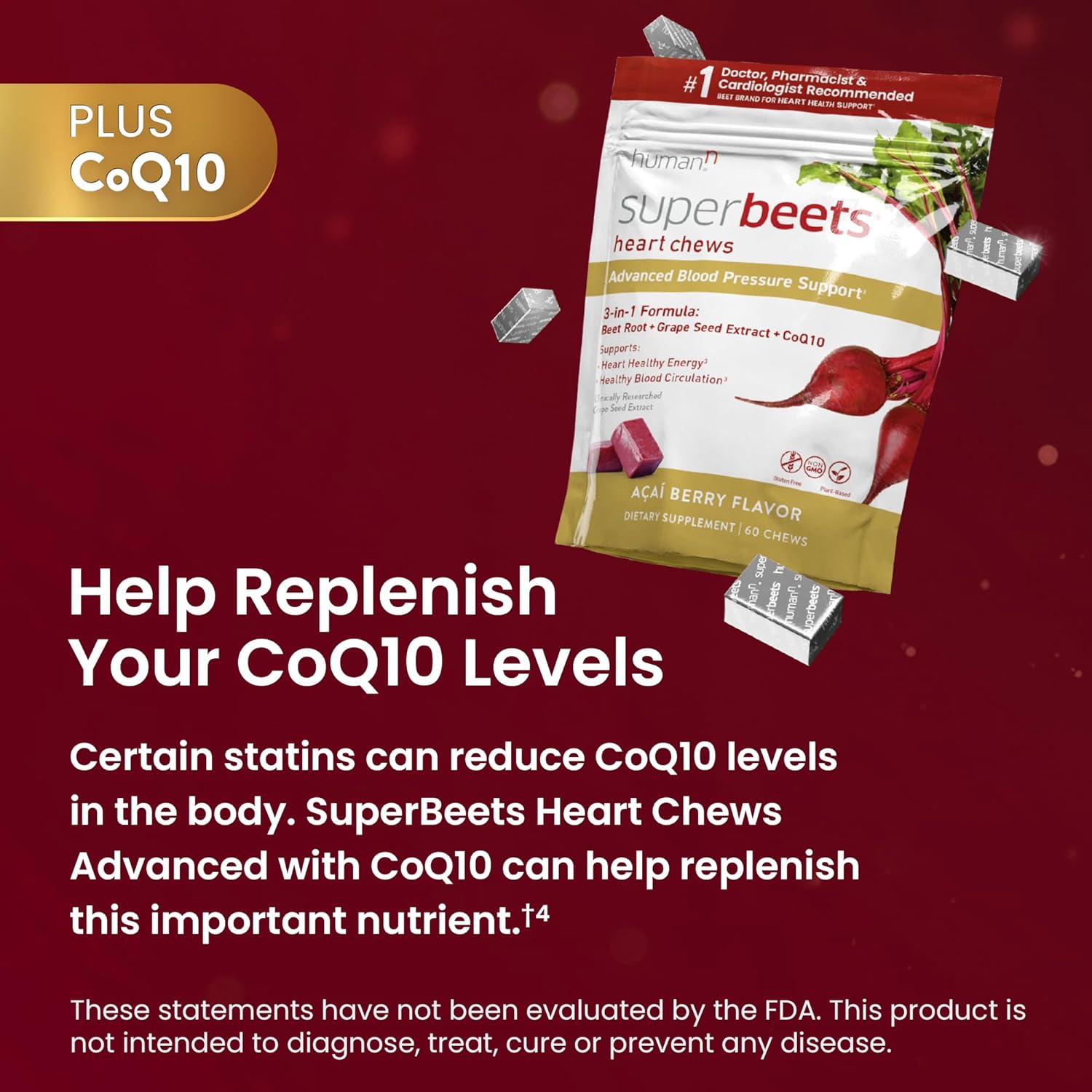 humanN SuperBeets Heart Chews Advanced - 3-in-1 Formula with Beetroot,