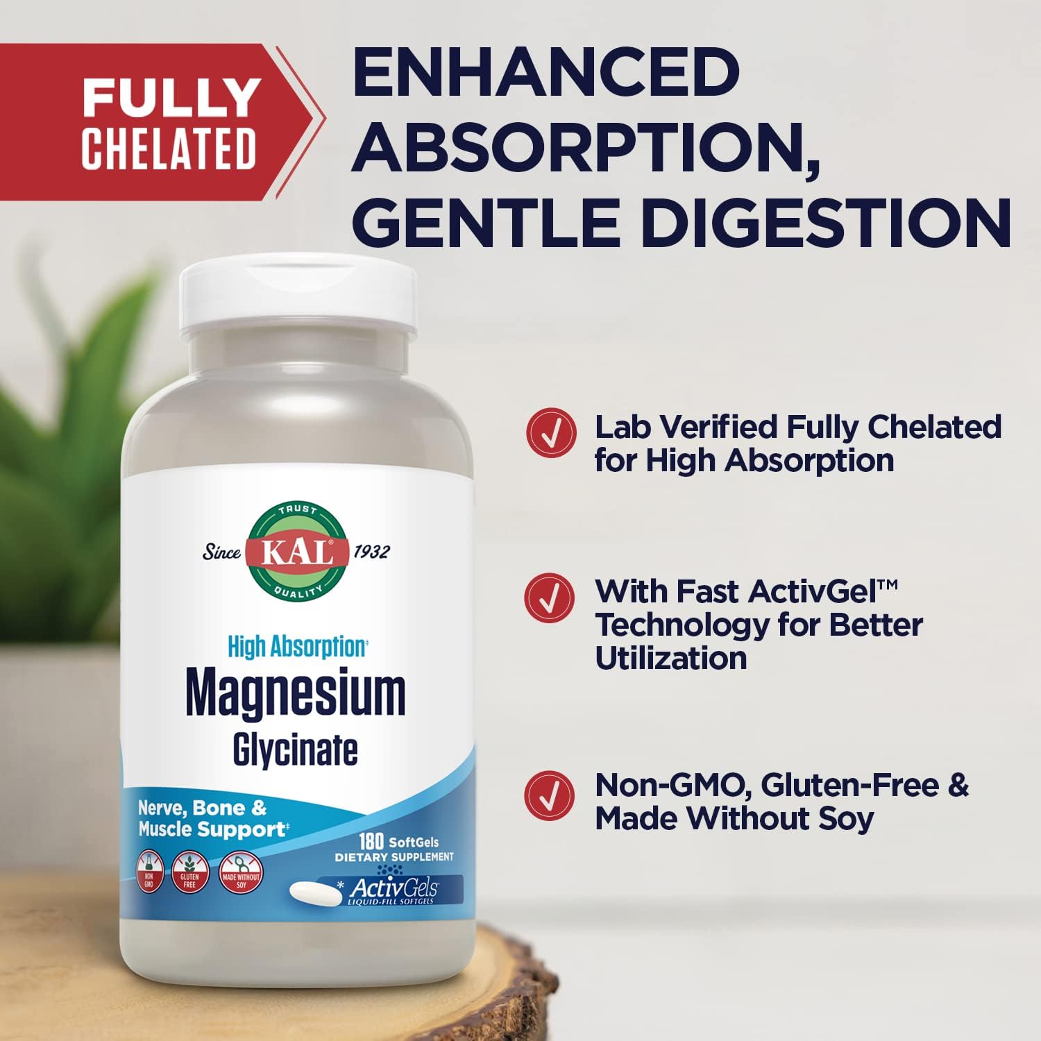 KAL Magnesium Glycinate ActivGels 315mg, Fully Chelated, High Absorpti