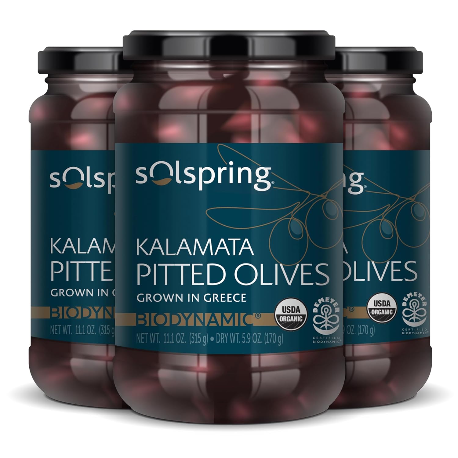 Solspring Biodynamic Organic Kalamata Pitted Olives, 11.1 Oz. (Pack of