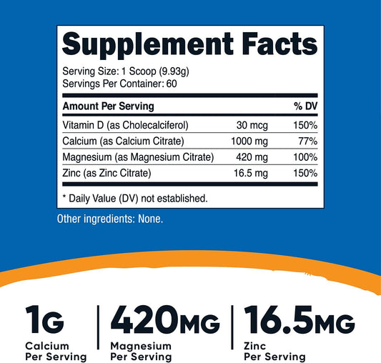 Nutricost Calcium Magnesium Zinc with Vitamin D3 Powder, 60 Servings (Unavored) - Calcium (1000 MG) Magnesium (420 MG) Zinc (16.5 MG) Vitamin D3 (30 MCG) - Gluten Free, Non-GMO