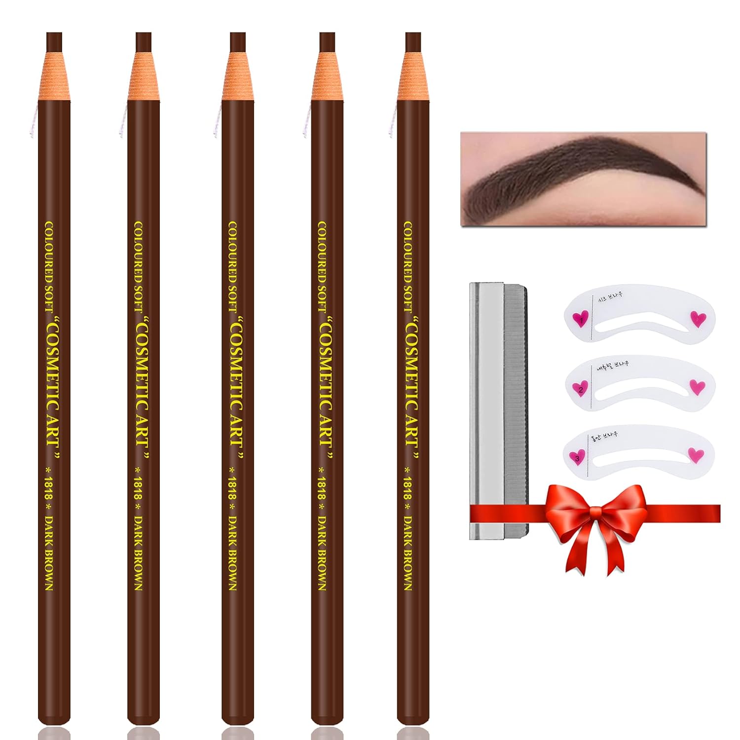 QIUFSSE Waterproof Eyebrow Pencil Dark Brown Brow Pencil Set For Marking,Filling and Outlining,Eyebrow Tattoo Makeup Microblading Supplies Kit,5Pcs Microblading Eyebrow Pen with Eyebrow Stencil Eyebrow Tool