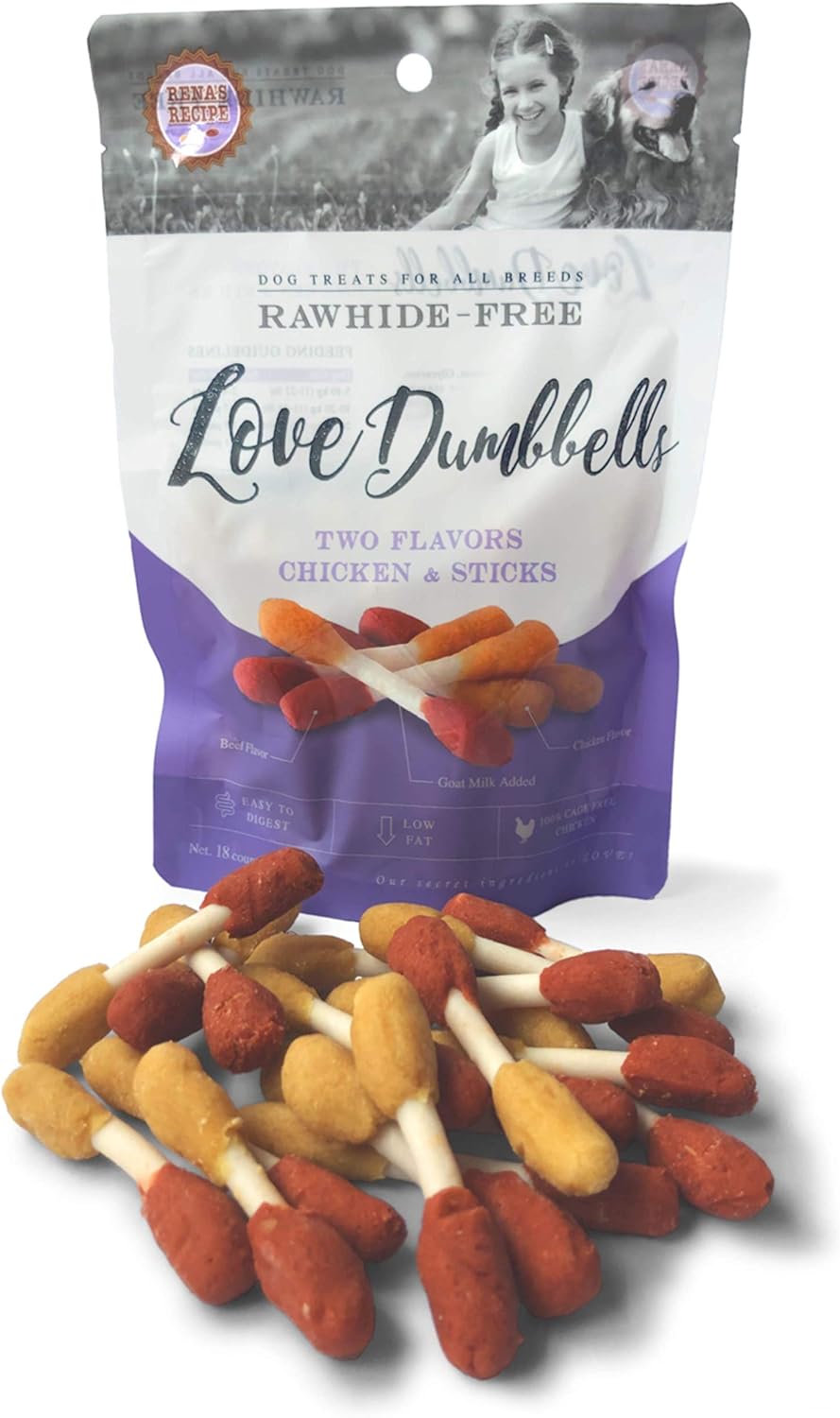 Rena's Recipe Love Dumbbells (18 Count) Chicken & Beef Flavors on a core Infused with Goat Milk
