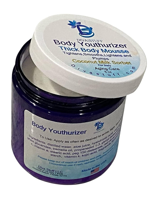 Diva Stuff Body Youthurizer,Thick Body Mousse For Crepey Skin With Anti Aging, Deep Hydration , Smoothing and Plumping Properties, Contains Hyaluronic Acid, Tremella Oil & Shea Glycerides, Coconut Milk Sorbet, Scent, 8  Jar