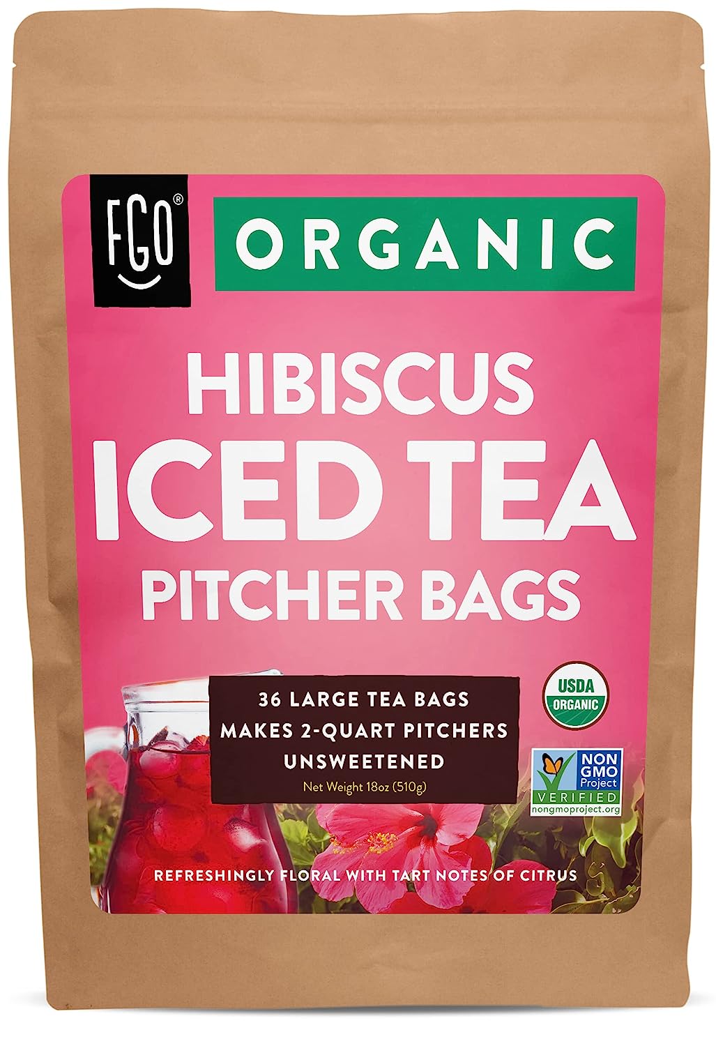 FGO Organic Hibiscus Iced Tea, Eco-Conscious Tea Bags, 36 Pitcher Bags (Pack of 1)