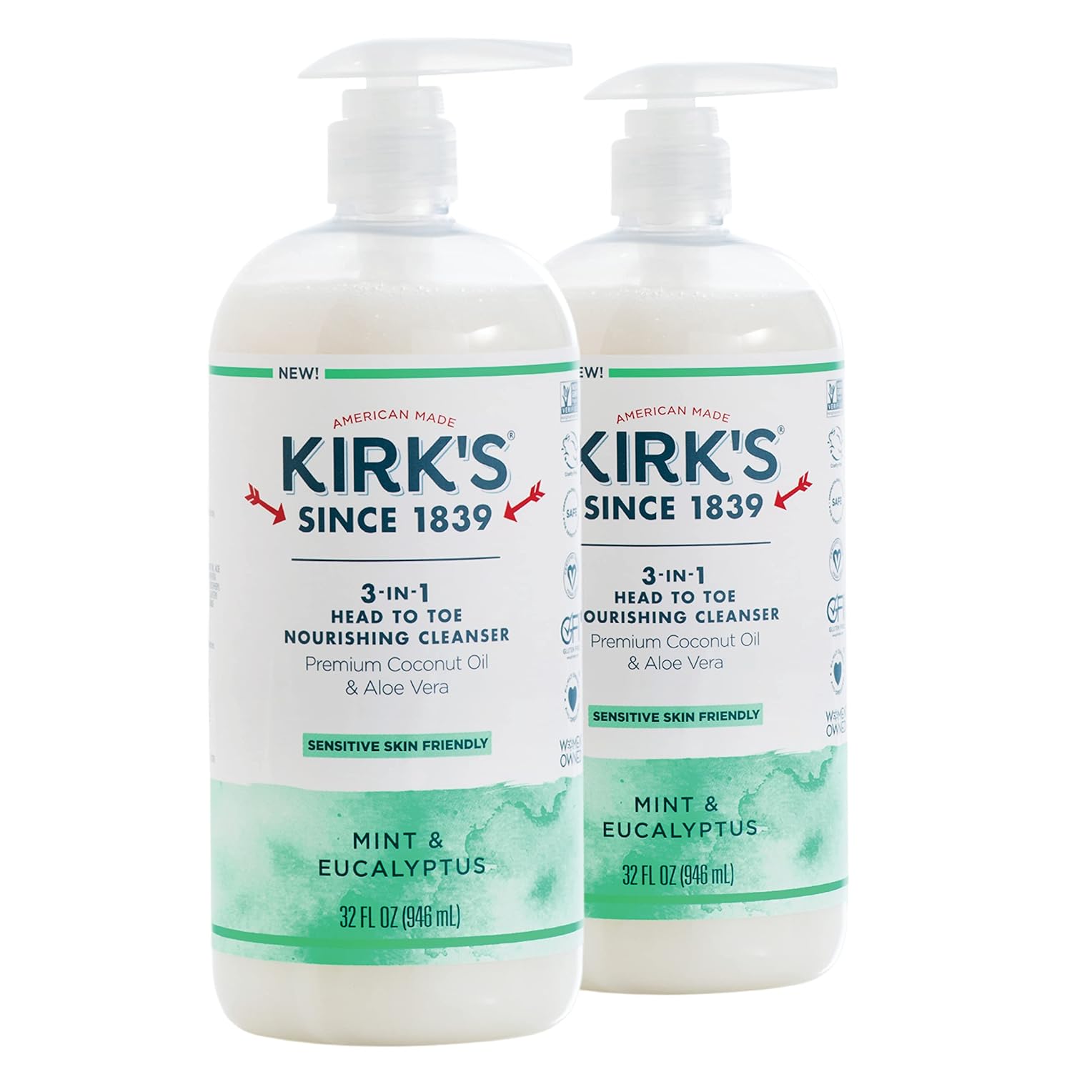 Kirk's 3-in-1 Castile Liquid Soap Head-to-Toe Clean Shampoo, Face Soap & Body Wash for Men, Women & Children | Mint & Eucalyptus Scent | 32  . - 2 Pack