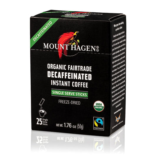 Mount Hagen 25 Count Single Serve Instant Decaf Coffee Packets | Eco-friendly Decaf Instant Coffee Pouches, Medium Roast Arabica Beans | Organic, Fair-Trade Decaffeinated Coffee