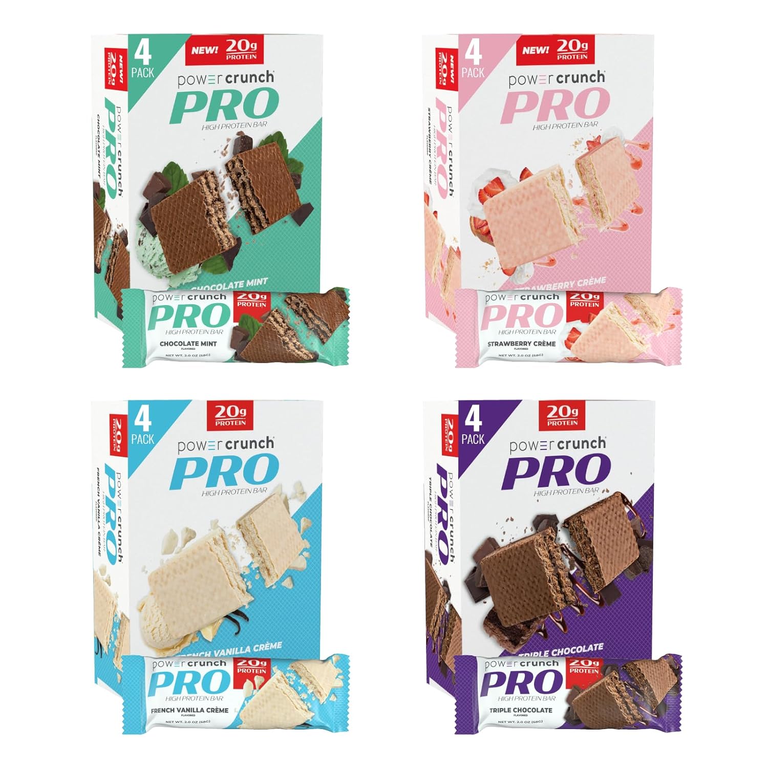 Power Crunch Pro Protein Wafer Bars, Variety Pack, In 4 Flavors 2.0 Ou2.65 Pounds