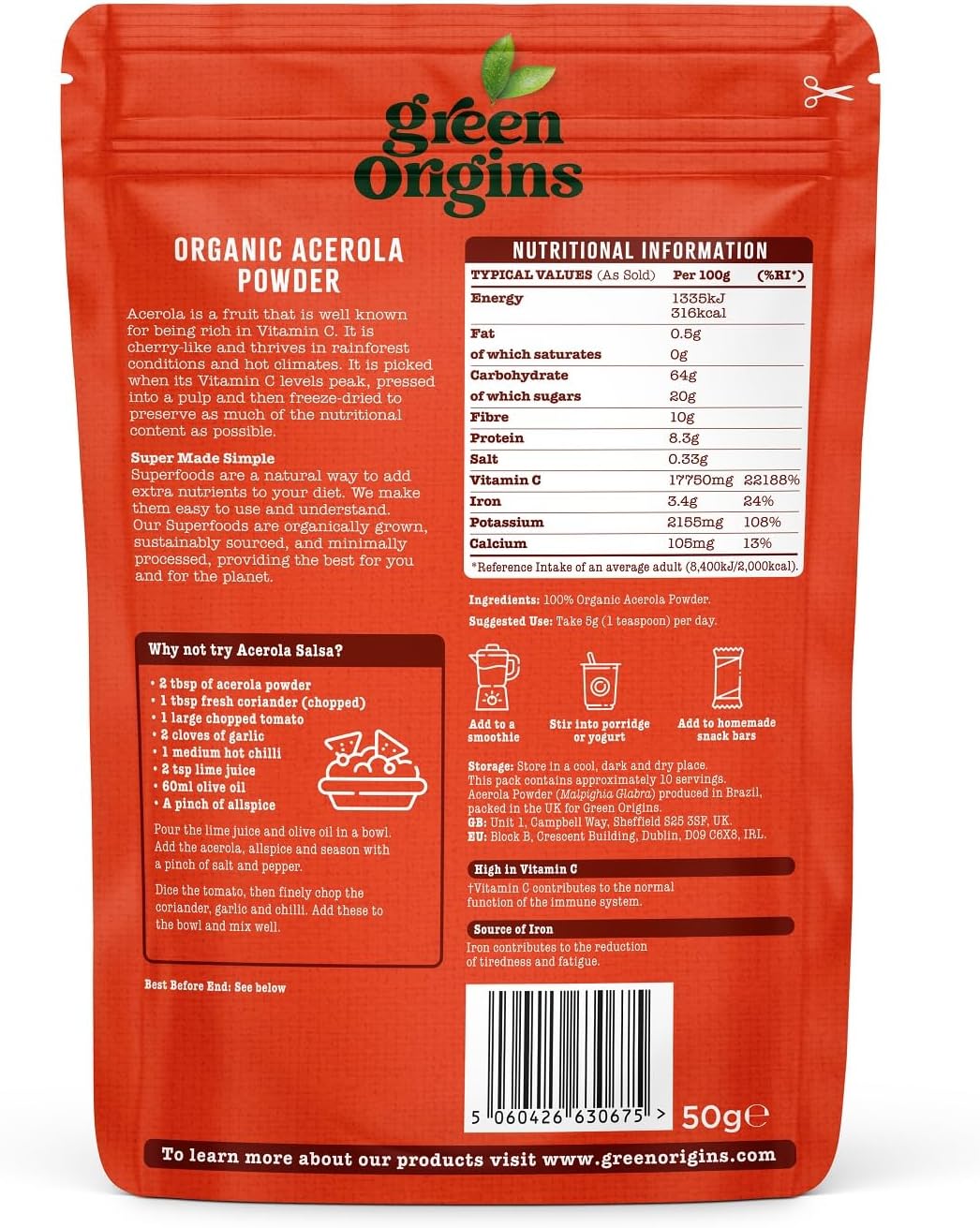 Green Origins Organic Acerola Powder, Raw 50g

